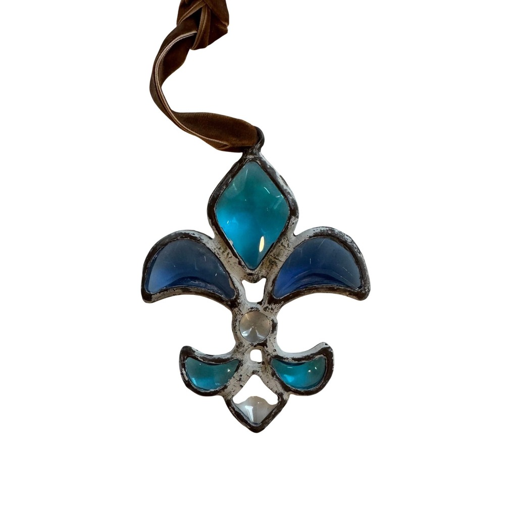 VNTG Fleur De Lis Glass Ornament Blue Turquoise Distressed Metal Velvet Ribbon